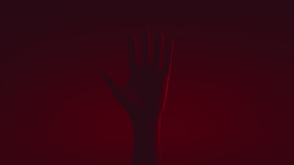 Raised human hand. Close-up. Red backlight.