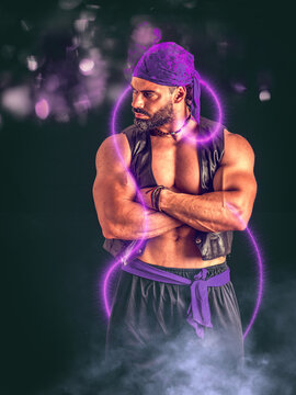 Muscular bearded male jinn in leather vest