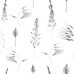 Grass Seamless Watercolor Pattern. Summer Grass Motif. Vintage Garden Wallpapaer.. Plantago and Apera Dried Wild Plants. Botanical Meadow Border. Abstract Floral Illustration. Monochrome and Greyscale