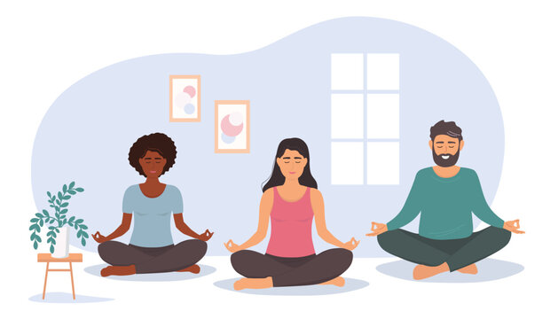 A group of people is doing yoga, meditating in the hall. A woman and a man do gym synchronously. Vector graphics.
