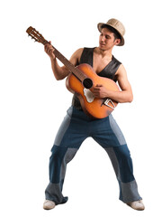 Young man with acoustic guitar, isolated on white