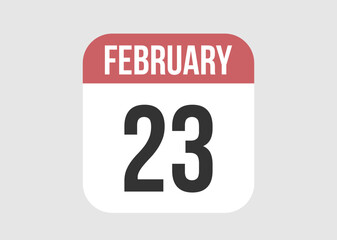 23 february icon isolated on background. February vector for day of week and month in red.