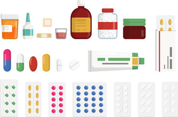 medicine bottles and pills in blister packs, icon set, flat illustration