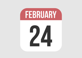 24 february icon isolated on background. February vector for day of week and month in red.