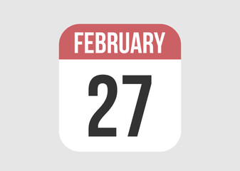 27 february icon isolated on background. February vector for day of week and month in red.