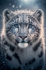 Naklejka na ściany i meble White leopard portrait under the snow, blue eyes. 