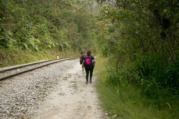 Hiking from Santa Teresa Hidroeléctrica to Aguas Calientes to reach Machupichu. Path following the train tracks with several hikers.