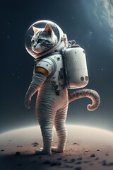 Fototapeta na wymiar Cat wearing a space suit, anthropomorphic, back view
