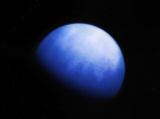 Exoplanet with atmosphere, cosmic landscape. Beautiful rocky planet in deep space. Alien planet in blue colors.