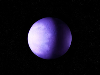 Planet with a solid surface and craters. Exoplanet with atmosphere. Alien planet in purple tones. Astronomical wallpaper. Space background.