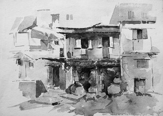 Watercolor painting of closely built houses and a godown. Hand painted illustration. urban landscape. Black and white
