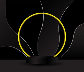 Black podium on black background. Realistic pedestal. Dark background. Vector illustration