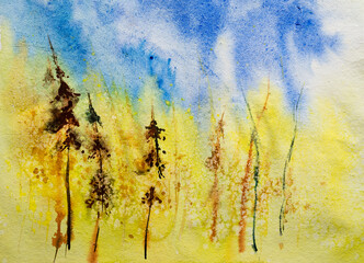 Nice watercolor painting of ripe yellow paddy, agriculture field with blue sky background. Handmade watercolor painting illustration.