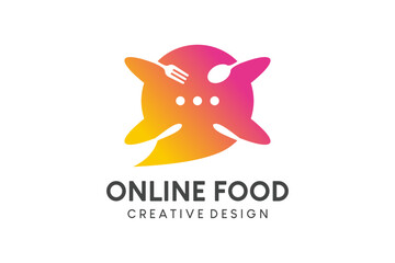 Online food logo design, food order logo vector illustration with chat order icon concept