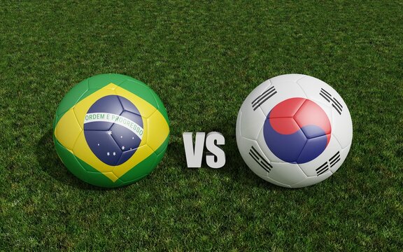 Footballs in flags colors on soccer field . Brazil with  South Korea. 3d rendering
