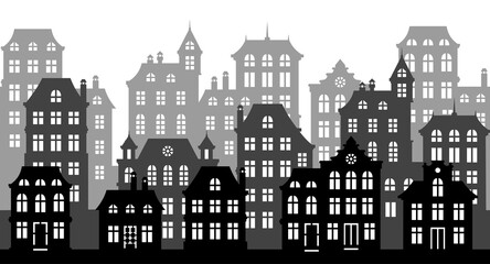 Vector monochrome cityscape illustration.  Horizontal seamless pattern. Street with old style black and gray houses with white windows.