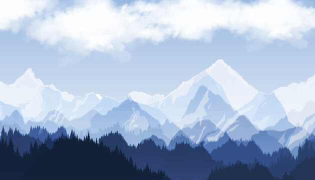 mountain vector snow range background silhouette with white cloud fog