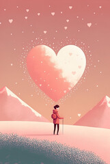 Woman under a big pink heart in a pink snowy mountain landscape, love, romance, romantic, solitude, trekking, walking, Valentine, card, illustration, digital