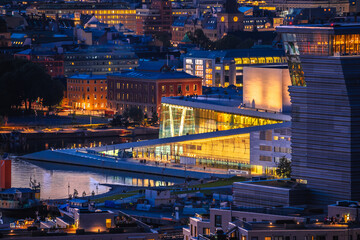 Oslo Opera house and city center modern architecture evening view
