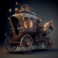 A carriage with a steampunk-style mechanical horse.