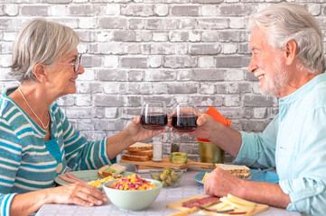 Cheerful caucasian senior couple toasting with red wineglass while sitting face to face at table having brunch together at home
