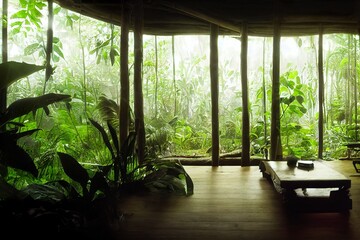 Comfy view in the living room to a jungle realistic design illustration