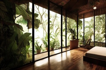 Very bright view of a jungle in the bedroom design illustration