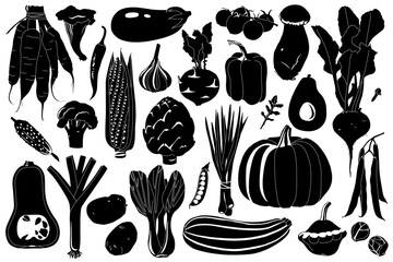 Big monochrome set of vegetables in linocut style