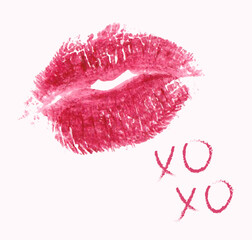 Romantic print with xoxo text. Modern lips icon. Phrase XOXO and realistic lipstick print isolated on white. Trendy vector design for Valentine's Day or wedding