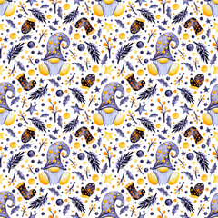 Watercolor PATTERN with sitting GNOME and GREY YELLOW ELEMENTS isolated on transparent background