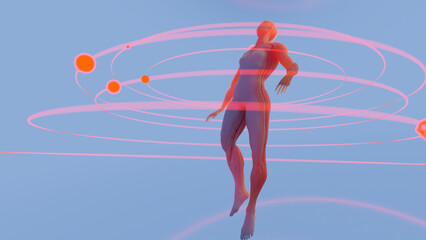 Surreal translucent human body levitating in infinite space with reflections, meditating and glowing, abstract 3d visualization