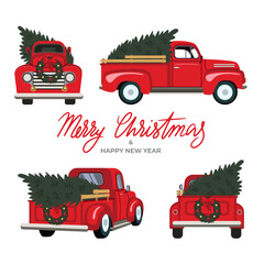 Merry Christmas and Happy New Year Postcard or Poster or Flyer template with retro pickup truck with christmas tree. Stock vector illustration in flat stile. © Maryana