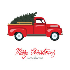 Merry Christmas and Happy New Year Postcard or Poster or Flyer template with retro pickup truck with christmas tree. Stock vector illustration in flat stile. - obrazy, fototapety, plakaty