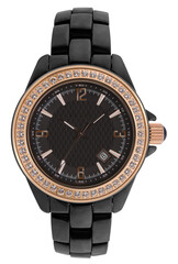 Black wrist watch covered by diamond and gold in transparent PNG format.