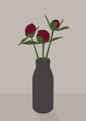 Vector flat image of flowers on the table. Illustration of bright peonies in a gray vase. Design for postcards, posters, backgrounds, templates, banners, textiles.