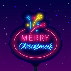 Merry Christmas neon street billboard. Circle frame with firework. Colorful typography. Vector stock illustration