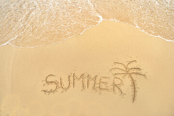 The word Summer written on a sandy beach with one palm. Vacation and tourism concept.