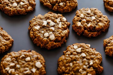 Selective focus shot of Oatmeal cookies with nuts isolated on a gray surface