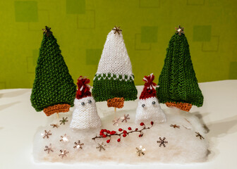 knitted trees and gnomes, knitted Christmas decorations, waiting for Christmas, advent decorations, needlework
