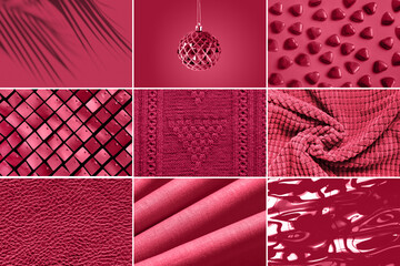 Modern collage of different texture and textile in trendy Viva Magenta color of the 2023 year.
