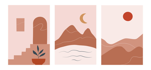 Minimalistic landscape poster set in hand drawn flat style. Perfect for wall art in the style of mid century modern