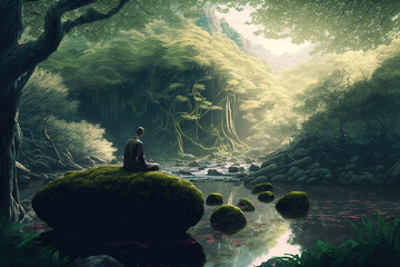 A monk meditates on a rock in a lake with jungle forest in the background - obrazy, fototapety, plakaty