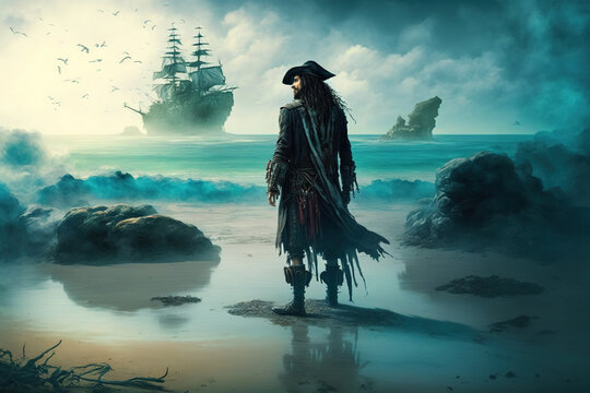 A pirate standing on an island beach with a blue ocean and a pirate ship in the far distance, abstract