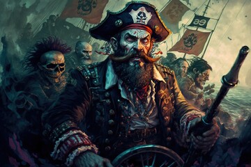 Fototapeta premium A pirate captain on a ship with a undead skeleton crew