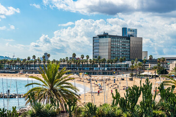 Hospital del Mar and Research Institute over Urban Beach, Barcelona, Catalonia, Spain, Europe