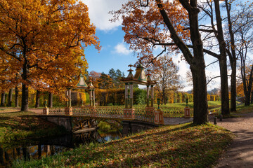 View of the Small Chinese Bridge in the Alexander Park of Tsarskoye Selo on a sunny autumn day,...