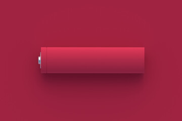Battery of magenta on red background. Color of the year 2023. Top view. 3d render