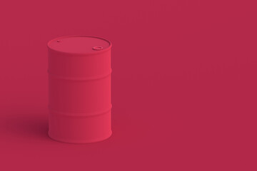 Barrel of magenta on red background. Color of the year 2023. Copy space. 3d render