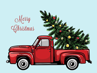 Red car with a Christmas tree. Hand drawn vector illustration.