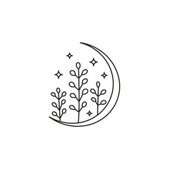 Doodle crescent with leafy branches and stars.